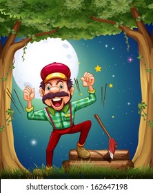 Illustration of a very cheerful lumberjack at the forest