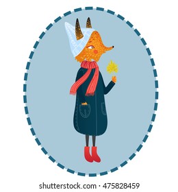 Illustration of very cute autumn fox. cute little fox in cartoon style and autumn clothes