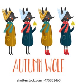 Illustration of very cute autumn wolf. cute little fox in cartoon style and autumn clothes