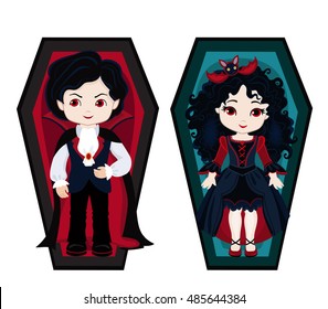 Illustration of very cute boy and girl  vampires in his coffins.