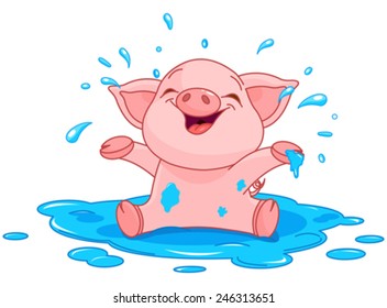 Illustration of very cute piggy in a puddle