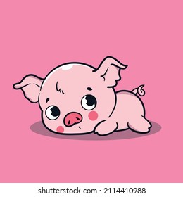 Illustration of very cute piggy in a with a Sad + Cute Look