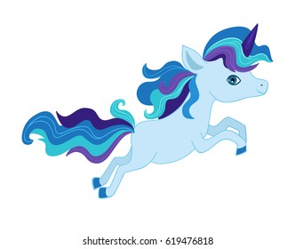 Illustration of a very cute running unicorn in blue tones.