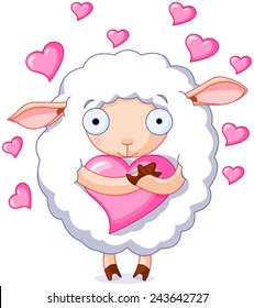 Illustration of very cute sheep holds a heart