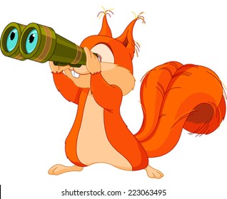 Illustration of very cute squirrel are watching into binocular 