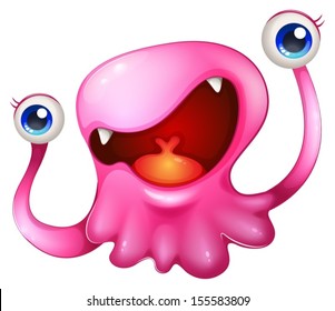 Illustration of a very excited pink monster on a white background