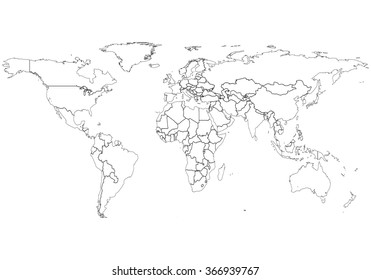 An Illustration of very fine outline of the world. with country borders (From Source World Map - https://earthdata.nasa.gov) -Eps10 vector format