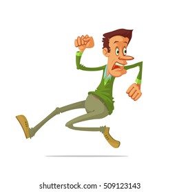 Illustration very frightened  man run away, vector cartoon