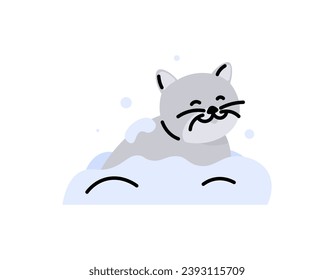 Illustration of a very happy cat. Cat plays on snowdrifts. enjoy winter. a funny, cute, and adorable animal character. flat or cartoon illustration design. vector elements. white background