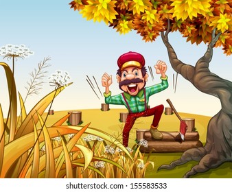 Illustration of a very happy lumberjack beside the giant tree