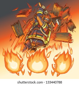 Illustration of a very intimidating firefighter crashing through a door and brandishing a fire axe, much to the dismay of three hapless anthropomorphic cartoon flames.