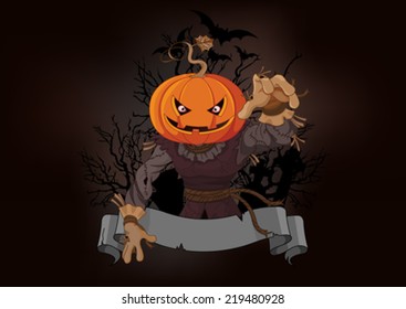 Illustration of very scary scarecrow with a pumpkin head