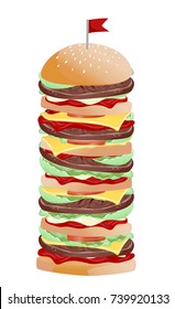 Illustration of a Very Tall Burger with Several Layers of Buns, Patties, Tomatoes and Lettuce