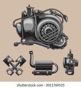 Illustration vespa engine set : engine, carburetor, piston, exhaust