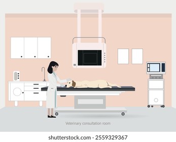 Illustration of a veterinarian in a consultation room examining a dog lying on an examination table. Modern professional environment with medical equipment.