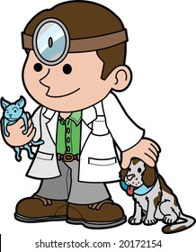 Illustration of veterinarian holding cat and petting dog