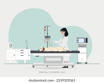 Illustration of a veterinarian performing an examination on a dog lying on an examination table in a consultation room equipped with modern medical devices and supplies.