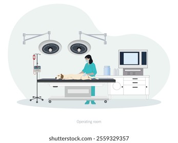 Illustration of a veterinarian performing surgery on a dog lying on the operating table in a room equipped with advanced medical technology and surgical lights.