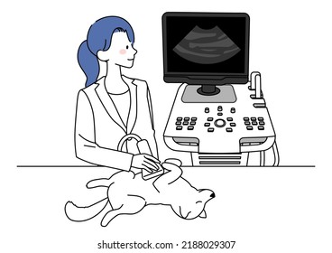 Illustration of a veterinarian performing an ultrasound on a dog