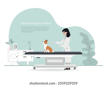 Illustration of a veterinarian preparing to administer a vaccination to a dog sitting on an examination table in a well-equipped and modern consultation room.