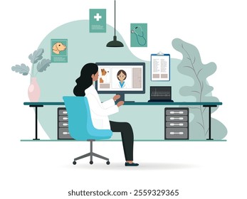 Illustration of a veterinarian sitting in her office conducting a virtual consultation via computer, showing the image of a dog and its owner on the screen. 