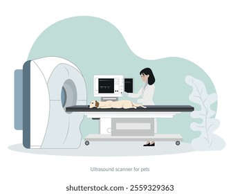 Illustration of a veterinarian using an ultrasound scanner on a dog lying on an examination table. Modern technological equipment in a professional clinical setting.