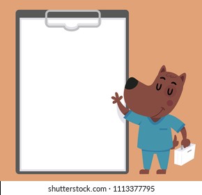 Illustration of a Veterinarian Wearing Scrub Suit Waving with Blank Clipboard and First Aid Kit