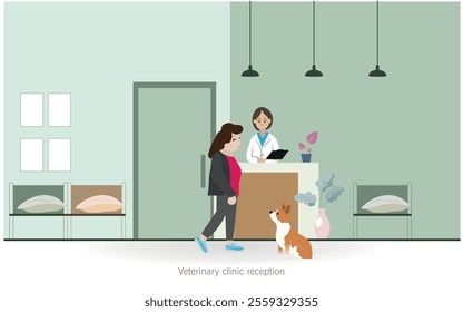 Illustration of a veterinary clinic reception where a client with her dog is being attended by a veterinary receptionist. Modern and professional environment with decorative details.