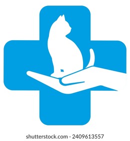 Illustration for veterinary clinics.Cat with a human hand with a medical cross on a white background.