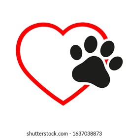 illustration veterinary emblem black dog paw in the heart on a white background