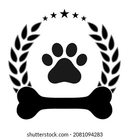 Illustration veterinary emblem. Dog paw with coat of arms and bone on a white background.