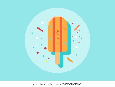 Illustration of a vibrant array of Popsicle sticks, each adorned with colorful sprinkles. Backdrop of cool, icy swirls. Perfect for cartoon artwork, vector illustrations, and summertime designs