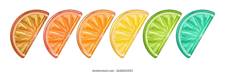 Illustration of vibrant citrus slices in colorful gradient hues representing orange lemon lime against white background ideal for food or drink concepts.