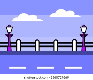 Illustration of vibrant digital landscape with purple street lamps, fluffy clouds, and a blue background, creating a cheerful atmosphere