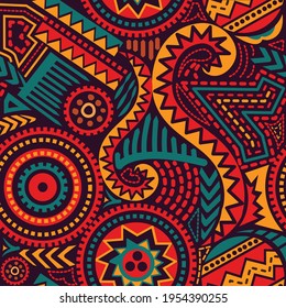 Illustration of vibrant ethnic patterns on orange, black and yellow background. pattern and colour concept digitally generated image.