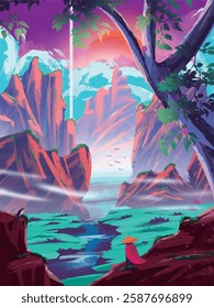 Illustration of a vibrant and fantastical landscape, featuring towering mountains, a radiant sky, and a figure with a red cloak.