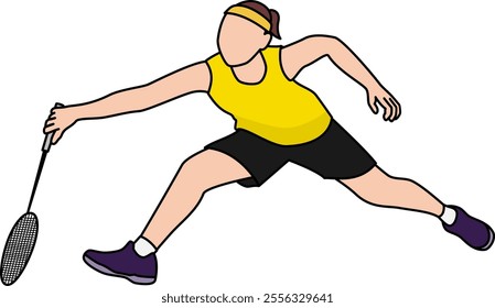 Illustration of a vibrant female badminton player in a dynamic lunge position, captures athleticism and focus. A woman athlete playing badminton lunging for a shot with precision and agility