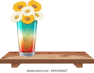 Illustration of vibrant flowers in a glass vase.