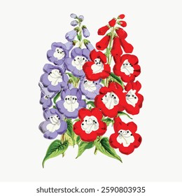 Illustration of vibrant flowers with smiling dog faces. Red and purple flowers, each with a dog face, create a whimsical, colorful garden scene. Vintage art illustration, vector.