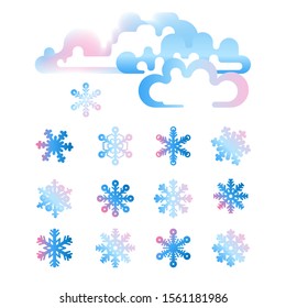 Illustration with vibrant gradient cloud, snowflakes dropping down. Set of blue pink snowy clouds, icons for weather forecast. Weather and seasons icon set. Cloud and snow icon. Flat simple pictogram