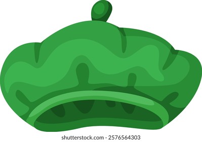 Illustration of a vibrant green beret hat featuring a unique artistic design. The beret has a classic shape with a stylized top and decorative elements, symbolizing creativity and style