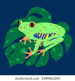 Illustration of a vibrant green frog with orange eyes and feet, perched on a large leaf against a dark blue background. The detailed design showcases its colorful, spotted body and natural habitat.