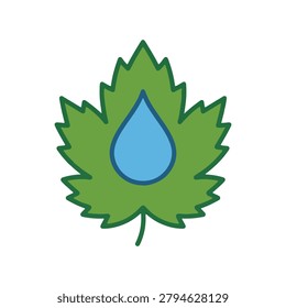 Illustration of a vibrant green maple leaf with a blue water droplet at the center, symbolizing nature and freshness.