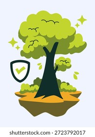 Eine Illustration eines lebendigen grünen Baumes auf einer schwimmenden Insel, der ökologischen Schutz und nachhaltiges Umweltwachstum symbolisiert.