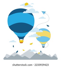 Illustration: Vibrant hot air balloon floats over mountains with a backdrop of sun and clouds in the sky. Conveying nature and travel vibes, presented in a flat and uncomplicated design.