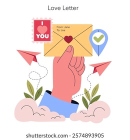 An illustration of a vibrant love letter that features a detailed hand, flying hearts, and whimsical paper airplanes