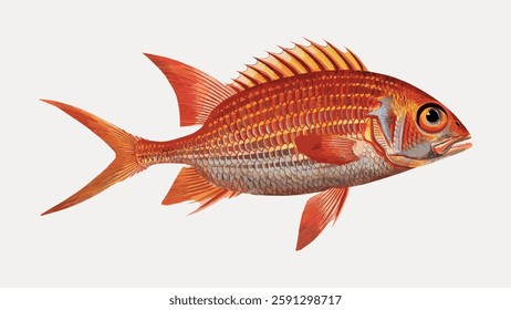 Illustration of a vibrant orange fish with detailed scales and fins. The fish features a long, pointed tail and a prominent dorsal fin. Orange fish with intricate patterns. Vintage marine life vector.