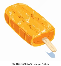 Illustration of a vibrant orange ice pop with a wooden stick, appearing frosty and refreshing. Isolated on a white background.