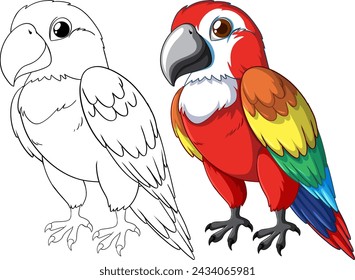 Illustration of a vibrant parrot beside its sketch.