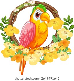 Illustration of a vibrant parrot framed by blooming yellow flowers